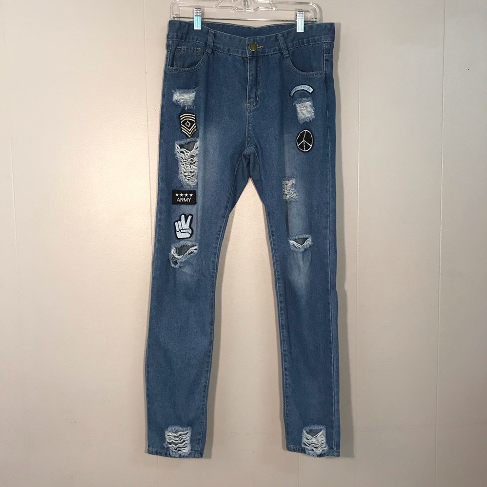 Light Wash Destroyed Distressed Jeans with Patches